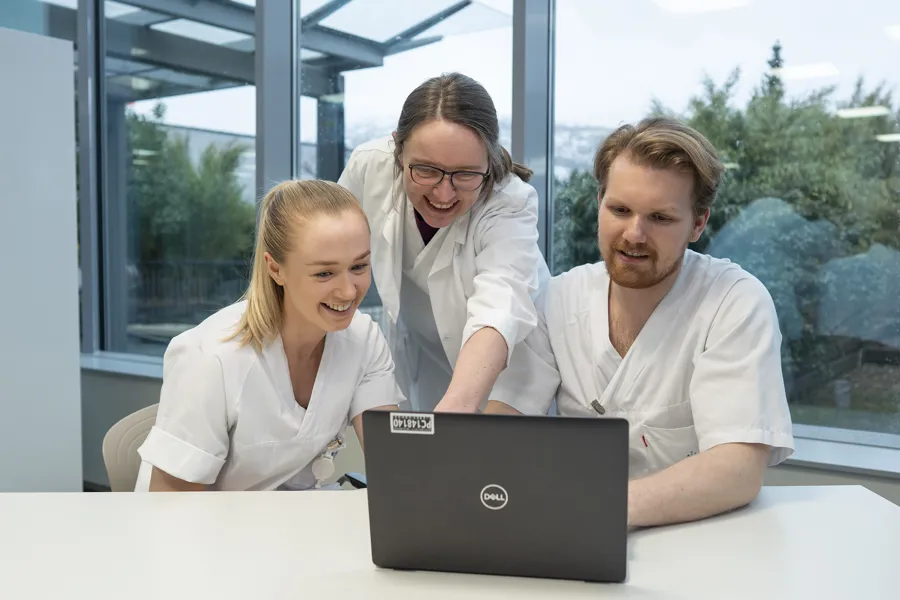 Lege og sykepleiere ser på en datamaskin