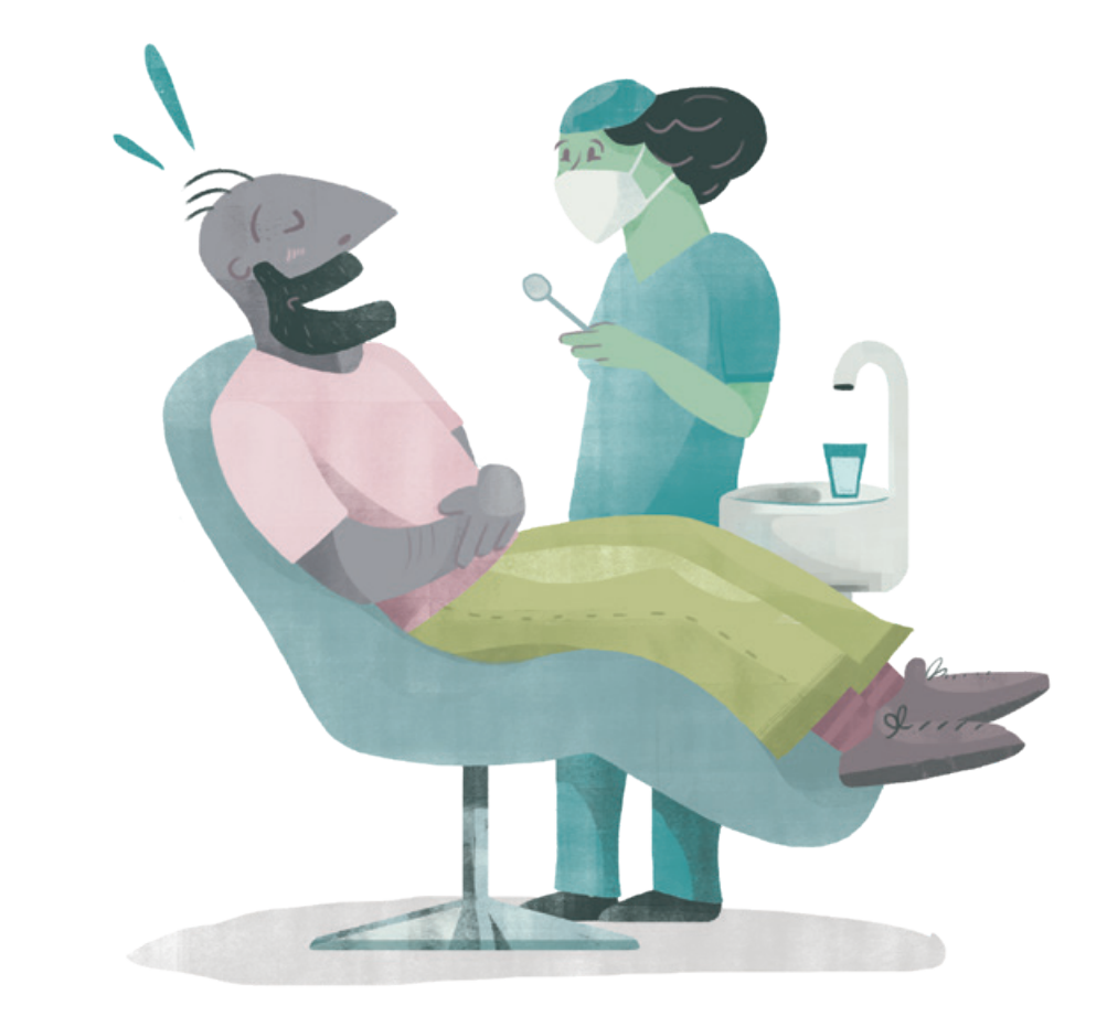 Illustrasjon av en tannlege og pasient