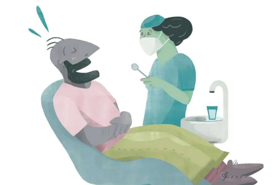 Illustrasjon av en tannlege og pasient
