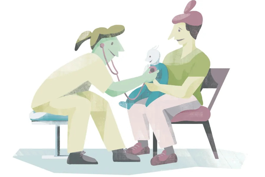 Illustrasjon av en lege og pasient med et barn