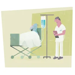 Illustrasjon av en lege og en pasient i sykeseng