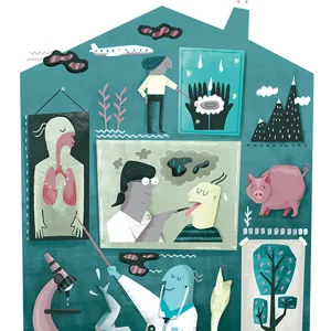 Illustrasjon av et hus med ulike figurer